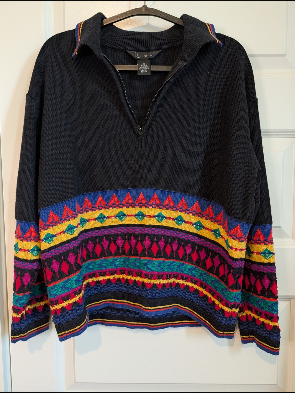 Rafaella Vintage Black Zip Sweater with Bright Fair Isle Bands